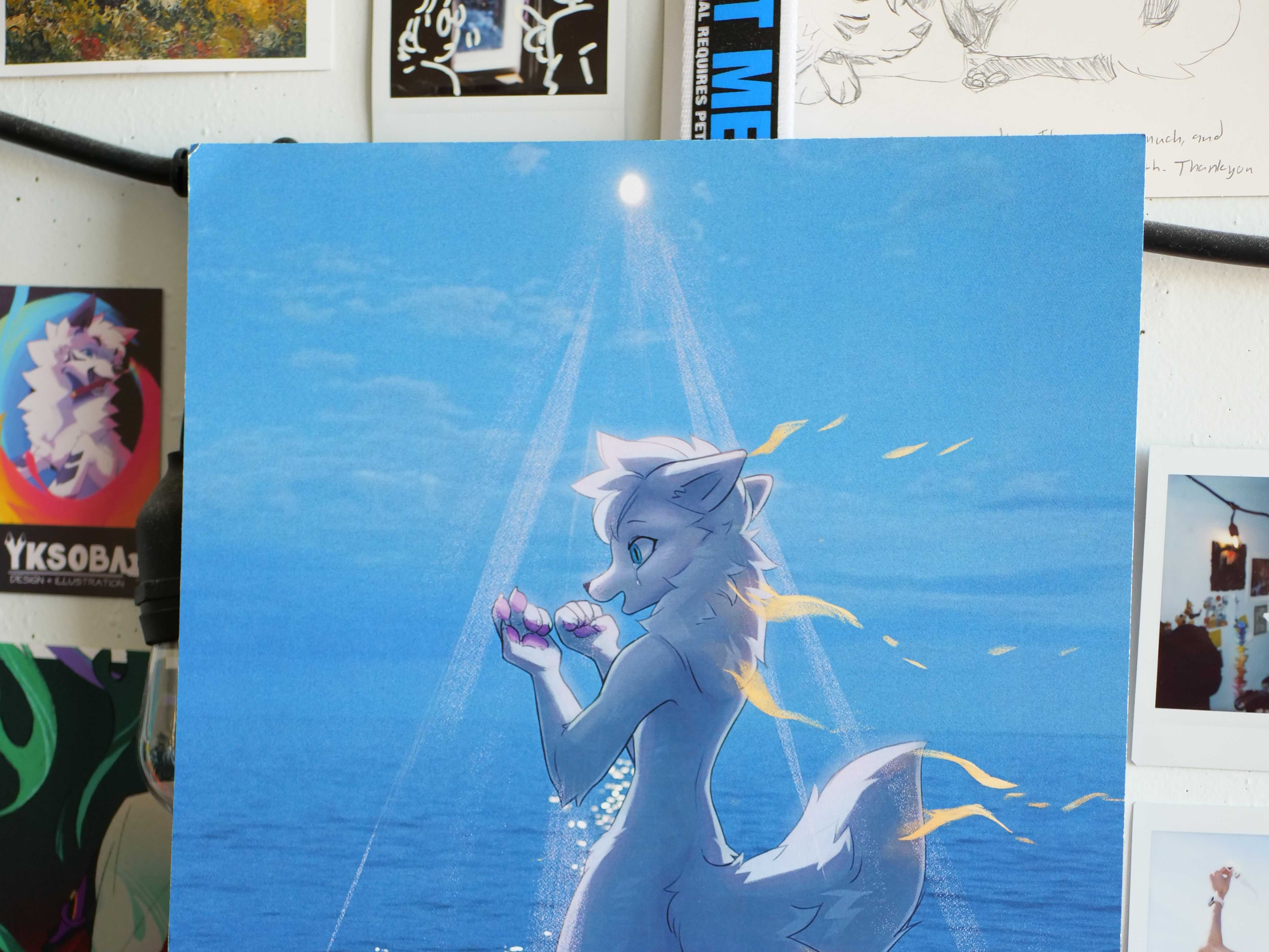 Print of a white anthro dog standing in water, having just transformed under the moon