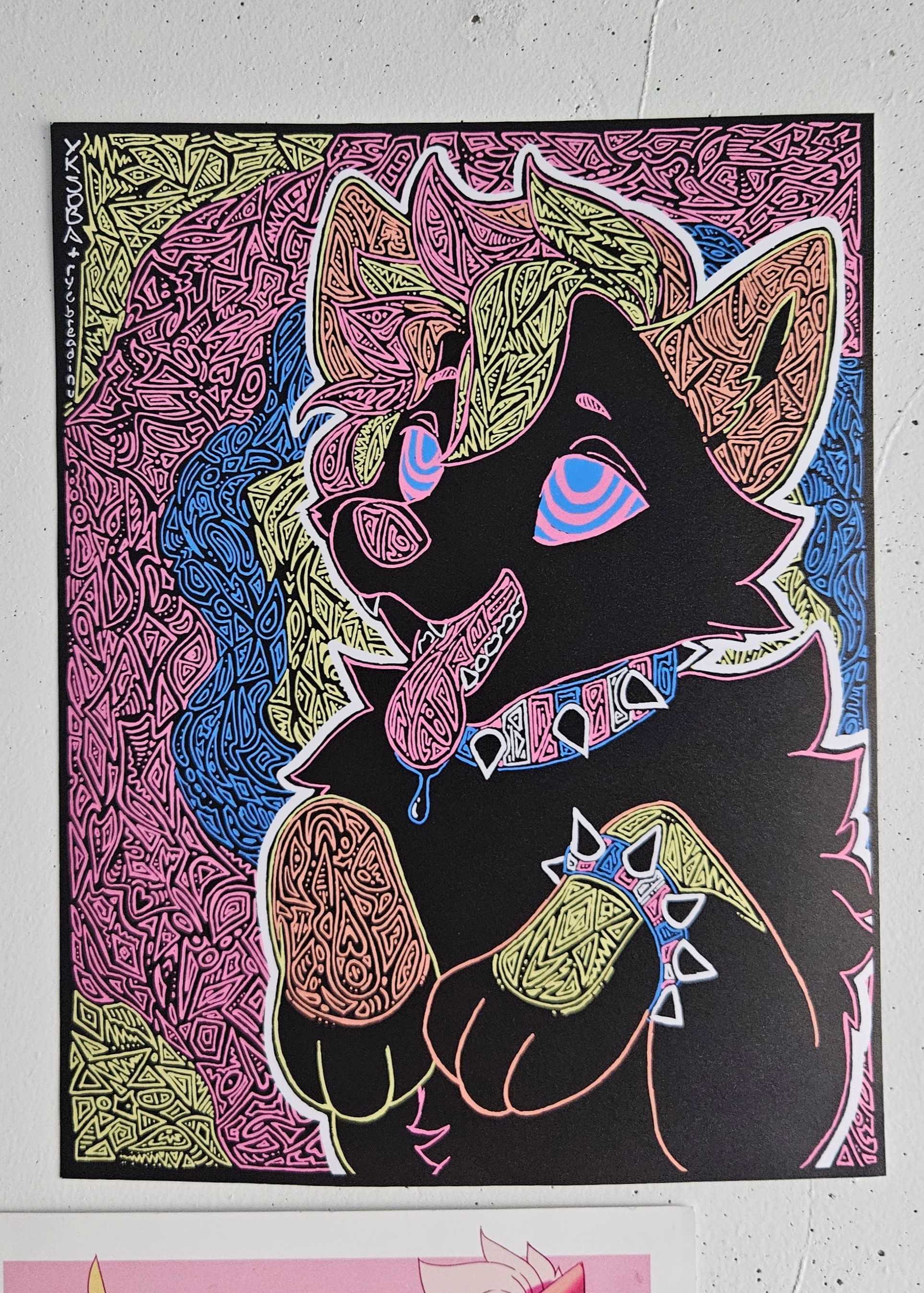 Print of a traditional drawing featuring a hypnotized puppy